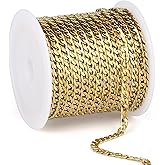 33FT 18K Gold PVD Plated Curb Chains Spool, 3.5mm Stainless Steel Cuban Link Chain Roll Bulk for Jewelry Making Necklace Bracelet
