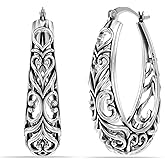 LeCalla 925 Sterling Silver Hoop Earrings for Women | Women's Filigree Hoop Earrings | Antique Oxidized Openwork Mesh Filigree Cut Earring Chunky Hoops | Hypoallergenic Vintage Filigree Oval Hoop Earrings for Women