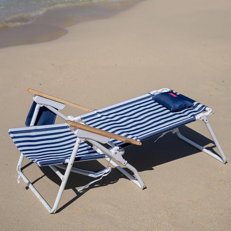 Pack di 2 Sedie da Spiaggia - Reclinabile 5 Posizioni - Tasca Termica - Tasca per Cellulare - Maniglie Tipo Zaino - Cuscino Ergonomico - Alluminio e Poliestere - Blu Navy