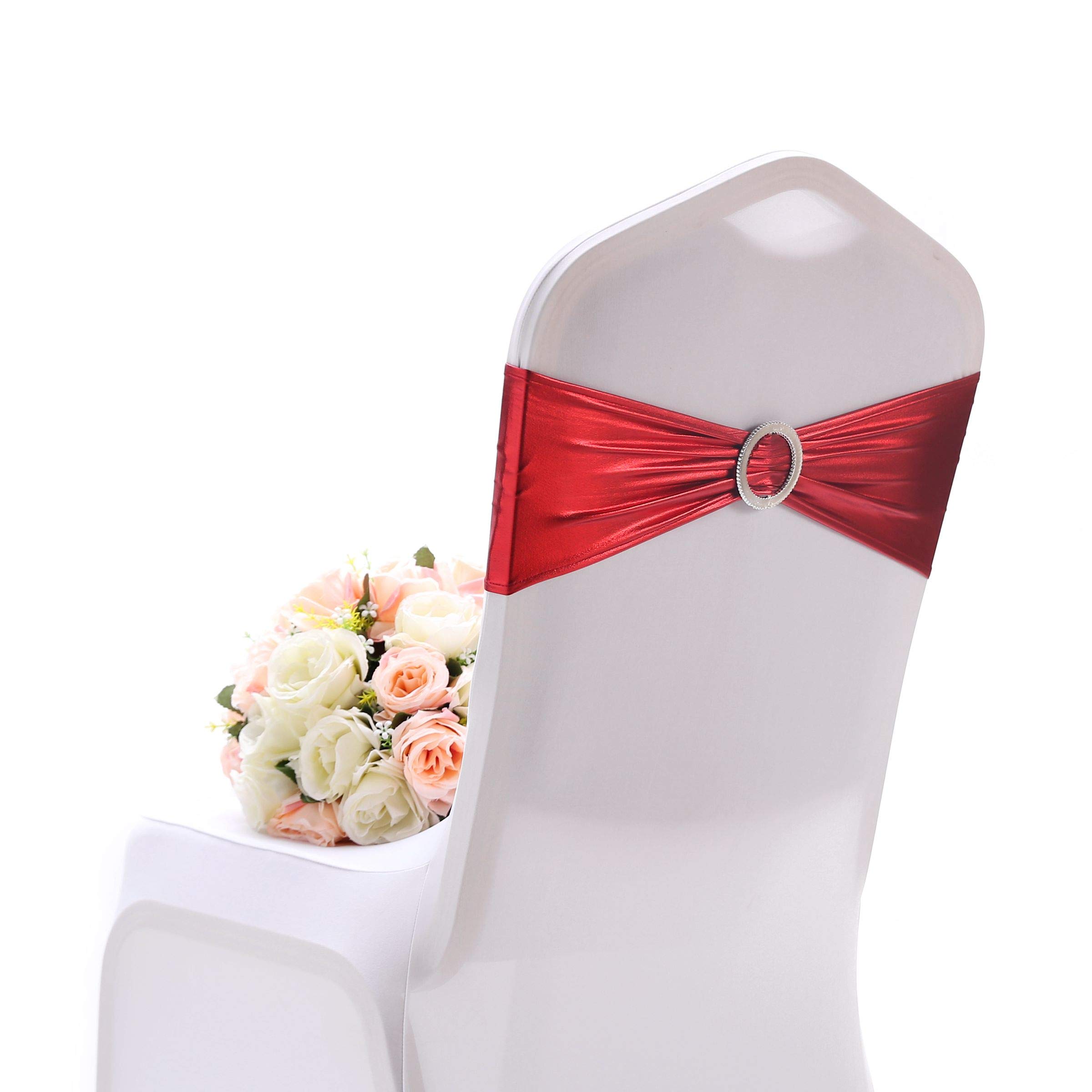 Namvo 10 PCS Stretch Chair Bows Large Occasions Stretch Chair Cover Sashes With Buckle Spandex Elastic Chair Sashes Bands for Wedding Party Hotel Event Decoration(Red)