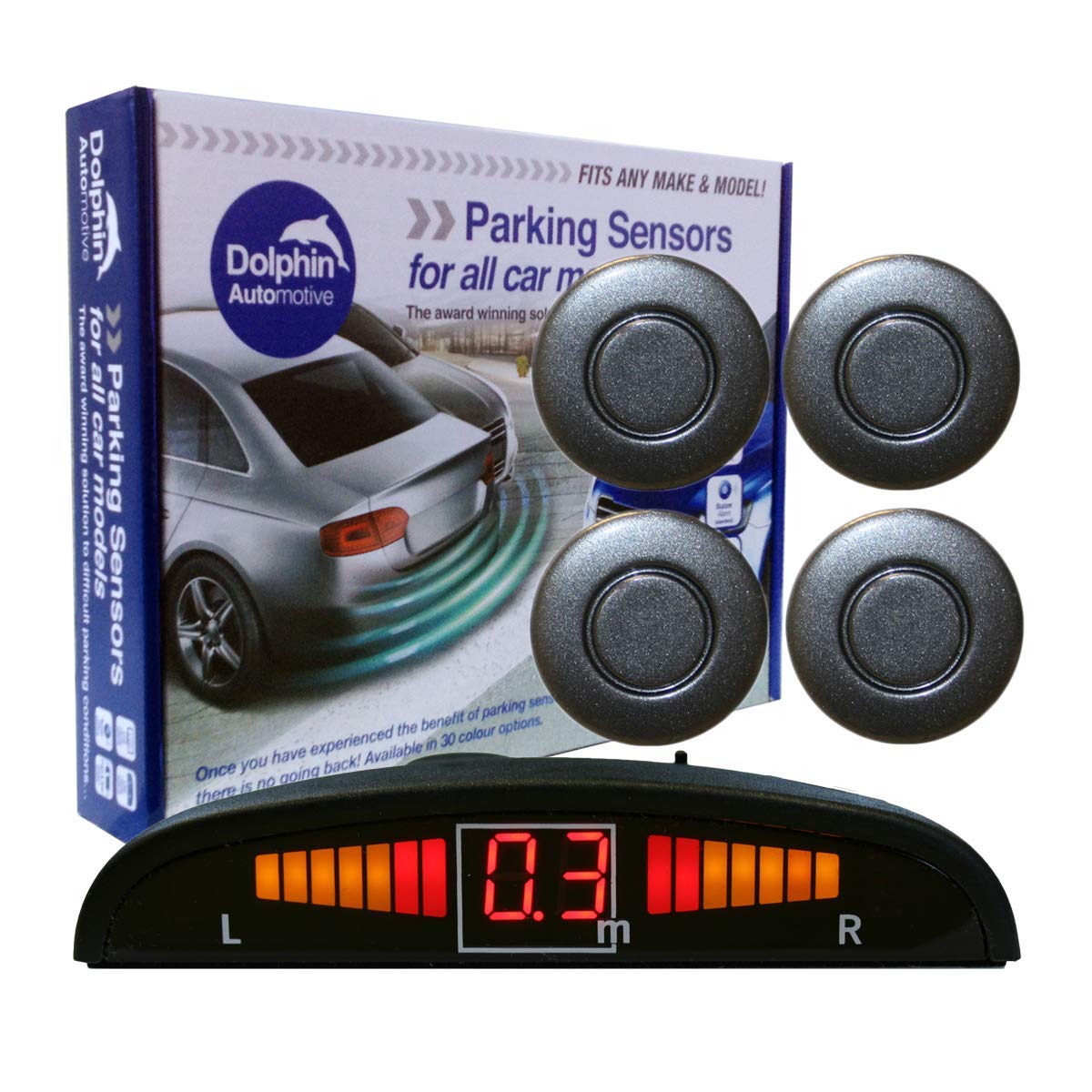 Dolphin Automotive DPS450 Reverse Parking Sensors In 32 Colours 4 Ultrasonic Radar Sensors Kit Audio & Display Alert System - Storm Grey