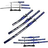 Decorative Samurai Sword Set, 3-Piece Blue Katana Collection with Display Stand, 39.3/31.1/20.4 inches