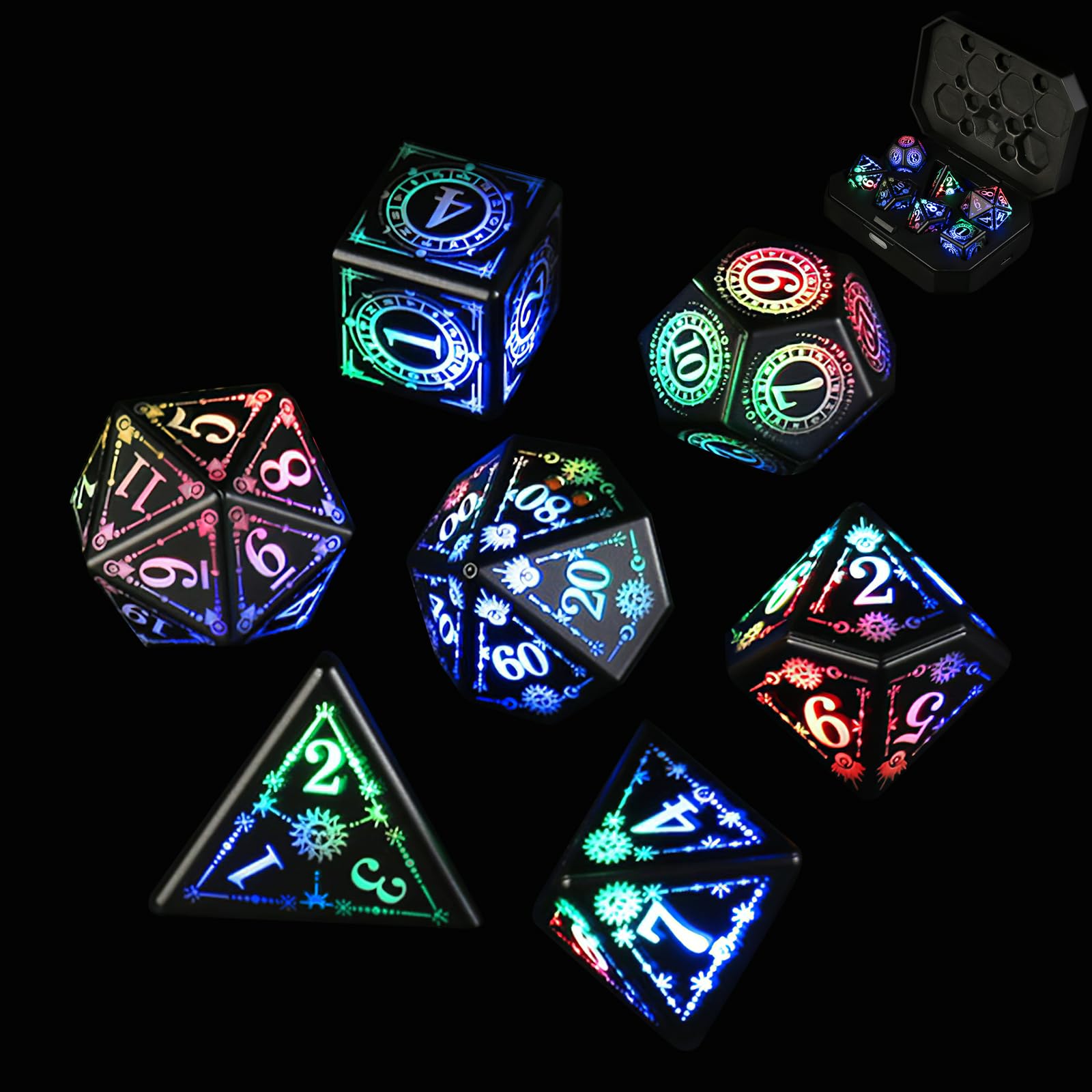 ORUZA Light up Dice Set, 7 PCS Rechargeable LED DND Dice with Charging Box, Polyhedral Glowing D&D Dice for Dungeons and Dragons RPG MTG Role Playing Tabletop Games