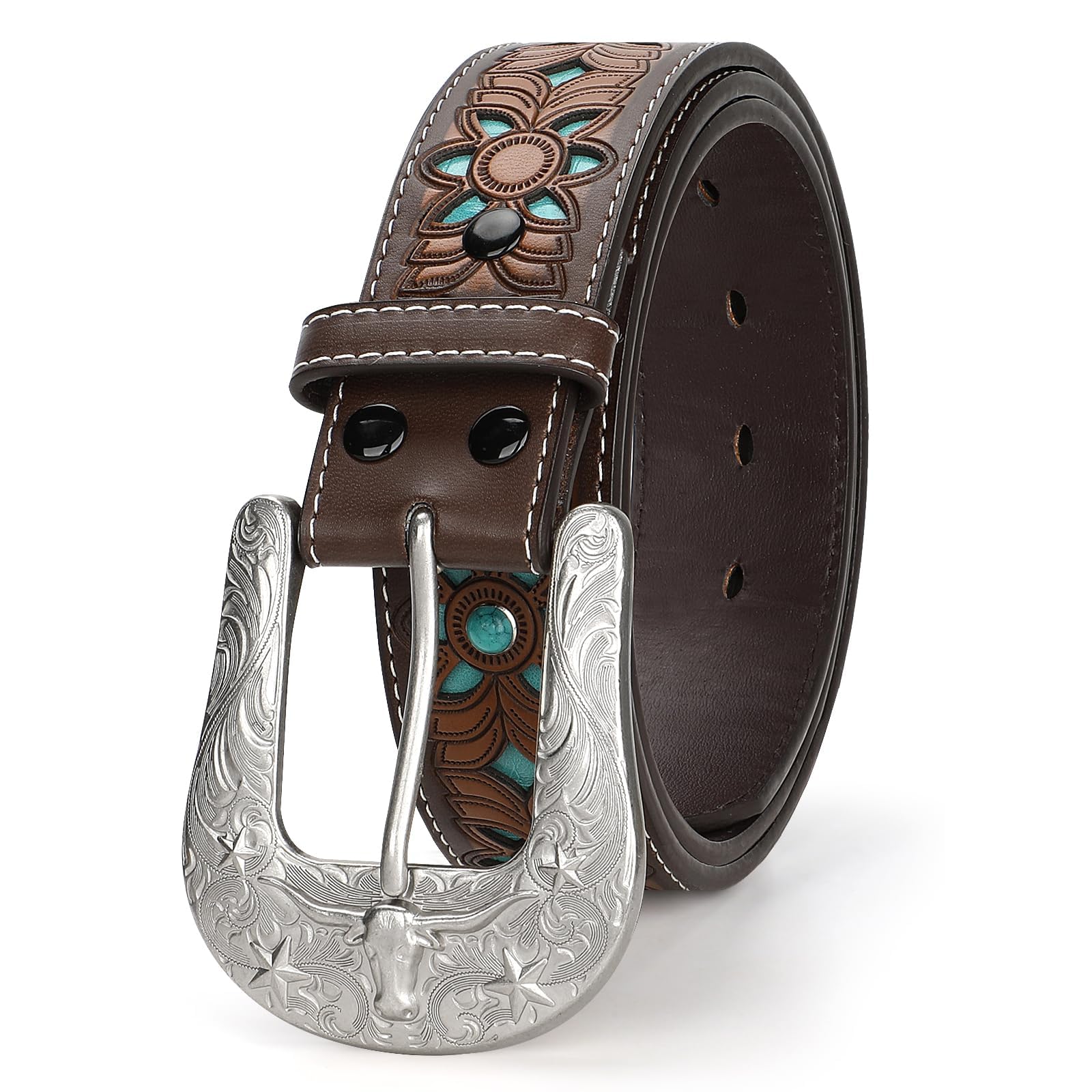 Women\'s Western Leather Belt Vintage Country Belt Cowgirl Jeans Turquoise Buckle Scarlet Darkness Western Belt for Women Leather Cowgirl Belt  main image 4