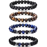 MOROTOLE Mens Beaded Bracelet Tiger Eye 8MM Natural Stone Beads Bracelet Set Adjustable Stretch Lava Rock Bracelets for Men Black Crystal Beaded Bracelets for Men Father Boyfriend Brother Gifts