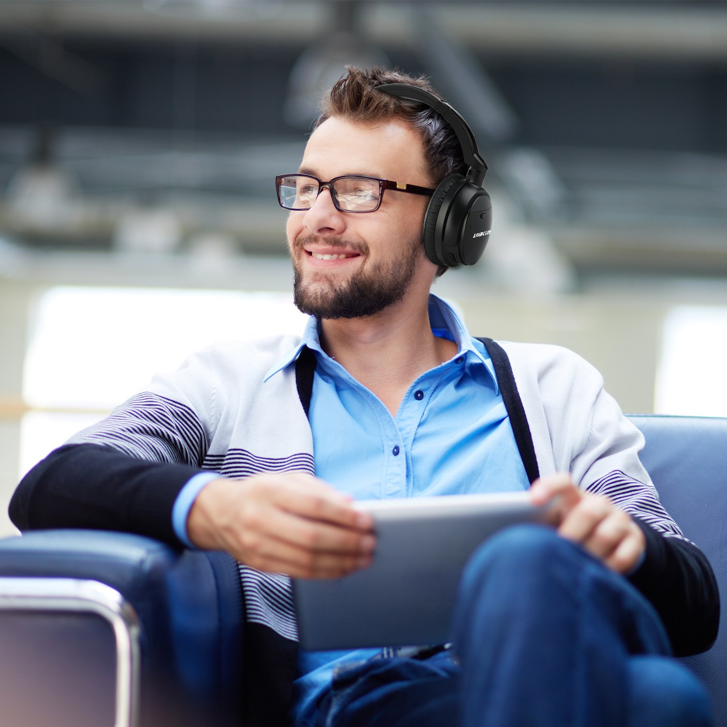 Active Noise Cancelling Headphones,Lobkin Wireless Headphones with Microphone Over Ear Headphones with aptX HiFi Stereo Sound - Black