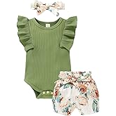 Tiny Cutey Baby Girl Clothes Infant Summer Outfits Set Ruffle Sleeve Romper and Floral Shorts with Headband