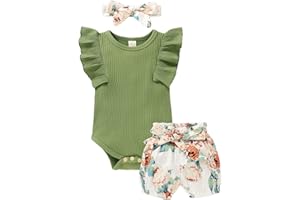 Tiny Cutey Baby Girl Clothes Infant Summer Outfits Set Ruffle Sleeve Romper and Floral Shorts with Headband