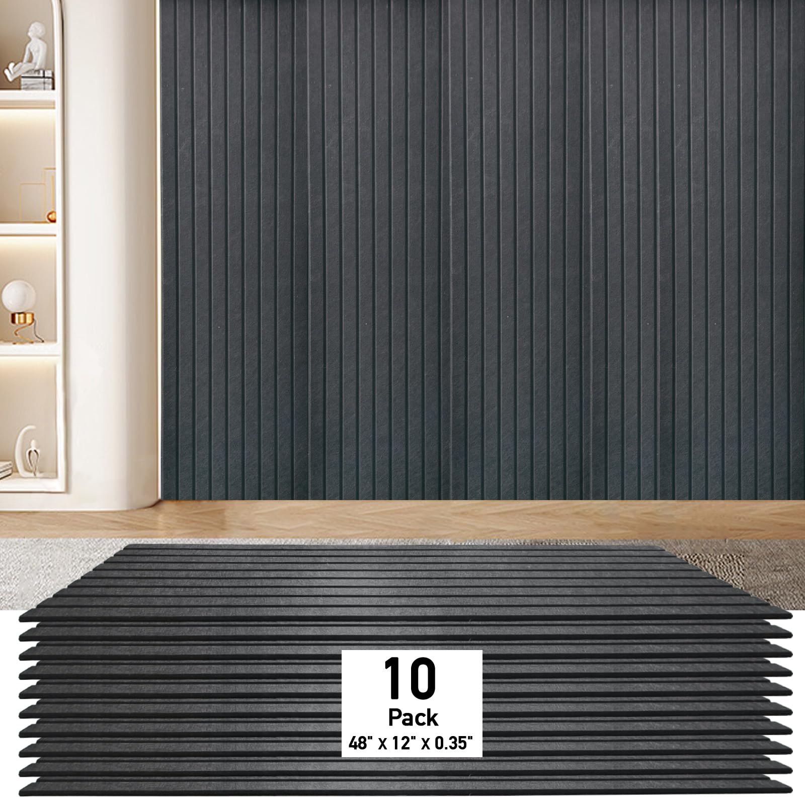 Photo 1 of 10 Pack Acoustic Panels,48" X 12" X 0.35" Sound Proof Panels for Walls,Self Adhesive Sound Dampening Panels for Office,Home Theater,Studio,Recording Studio (Black)