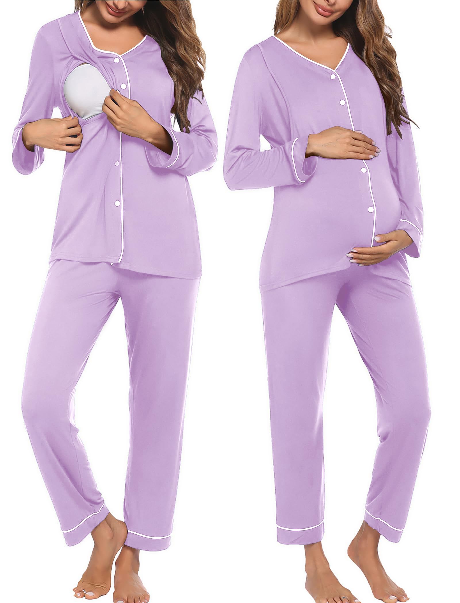 Photo 1 of Ekouaer Maternity Pajama Set Button Down Nursing Pajamas Long Sleeve Breastfeeding Loungewear with Adjustable Pants Purple