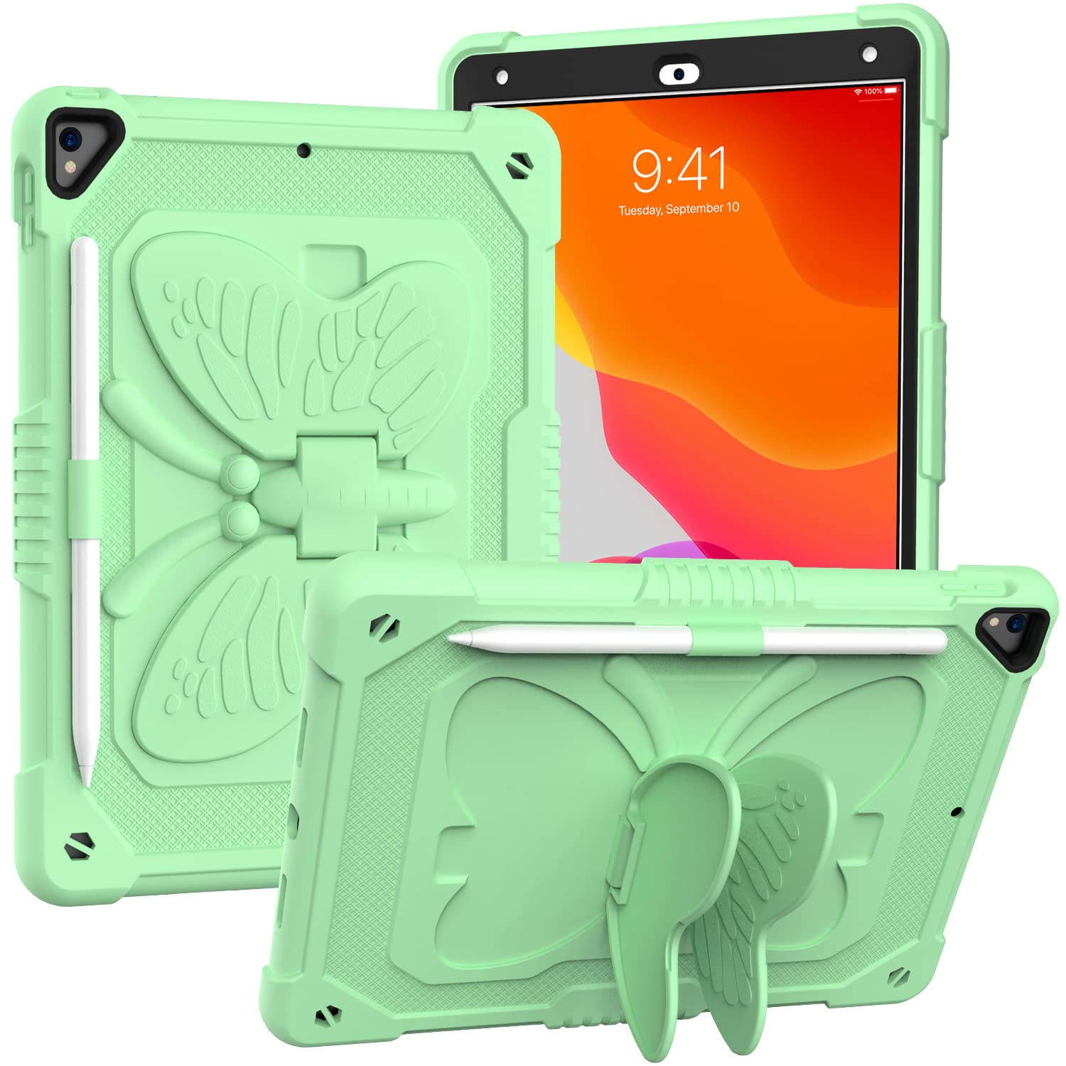 iPad 10.2 Inch 2021/2020/2019 Case with Shoulder Strap, Heavy Duty Shockproof Protective Case with Butterfly Mount for 9th/8th/7th Gen (Green)