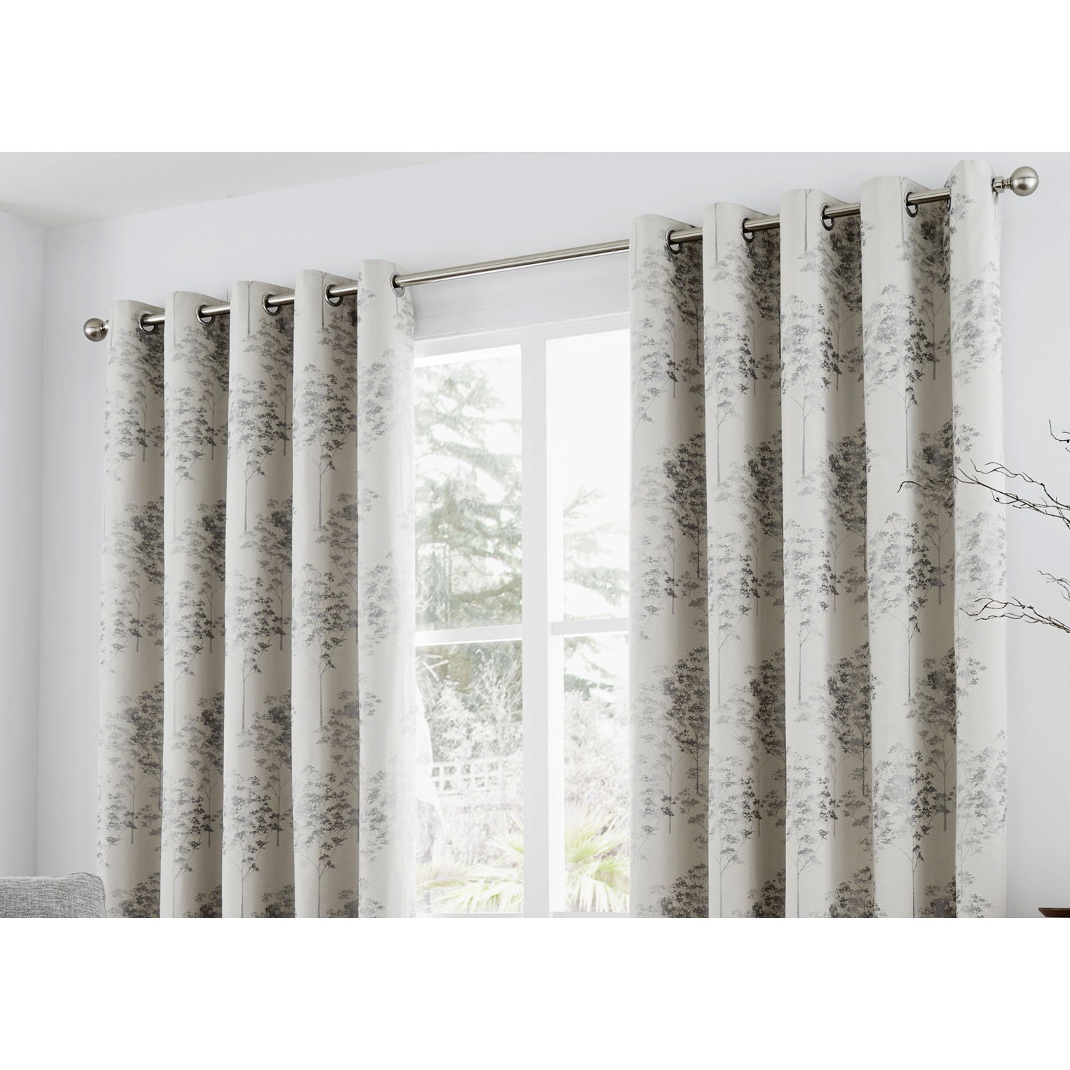 Curtina Elmwood Floral Print Eyelet Lined Curtains, Silver, 46 x 54 Inch