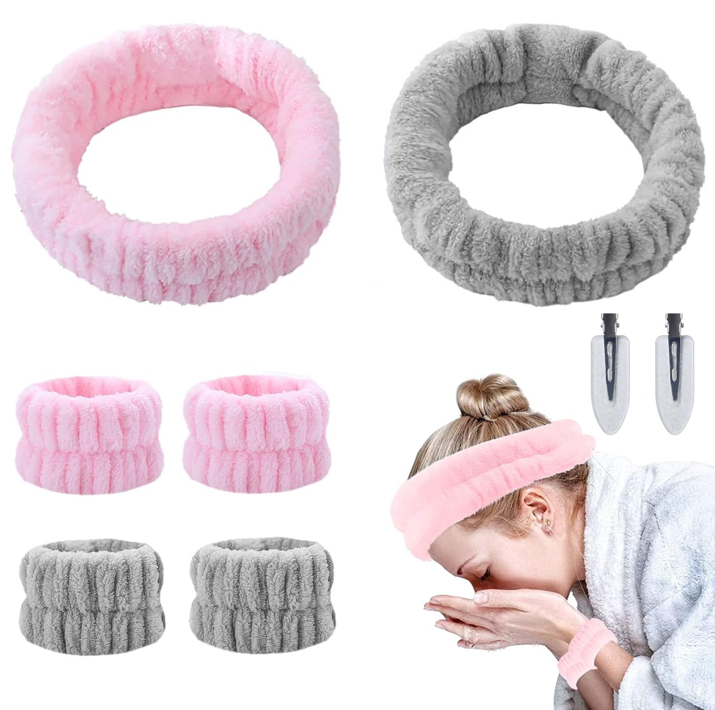 GWAWG 8Pcs Spa Wrist Headband Soft Washband Set with Clear Hair Clips Elastic Wrist Sweatband Elastic Headband for Women Girls Mens Bath Shower Makeup