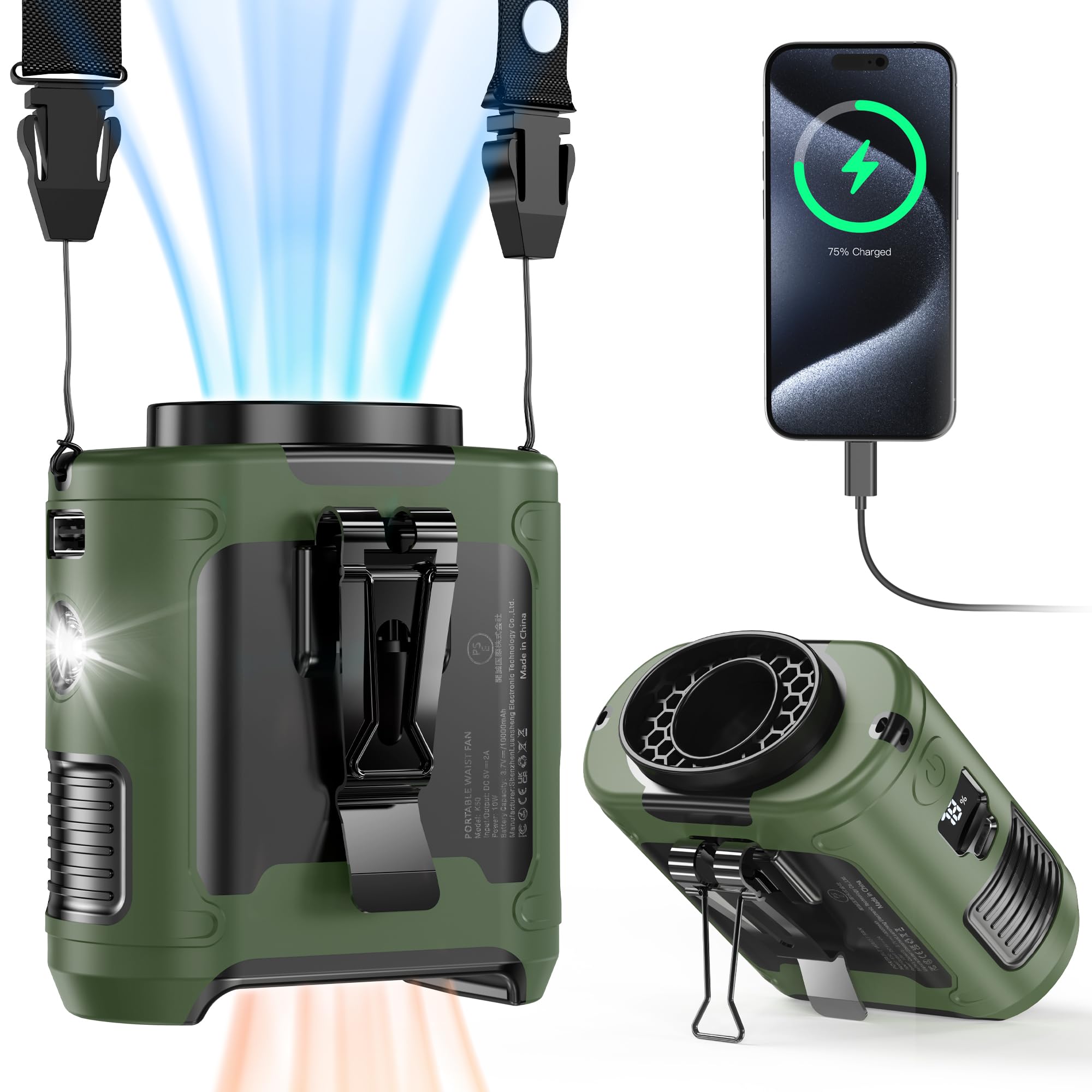 10000mAh Portable Waist Clip Fan, 40H Cooling Personal Wearable Fan, 5 Speeds 16000RPM Strong Belt Fan, Rechargeable Hands-free Neck Fan With Flashlight for Outdoor Jobsite Camping Traveling