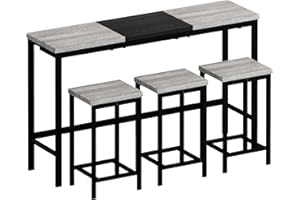 NTYUNRR Bar Table and Chairs Set, Long Bar Table with 3 Stools, Kitchen Dining Desk Set Pub Sofa Desk with Chairs, Hanging Stool Design, for Living Room, Hallway, Grey+Black