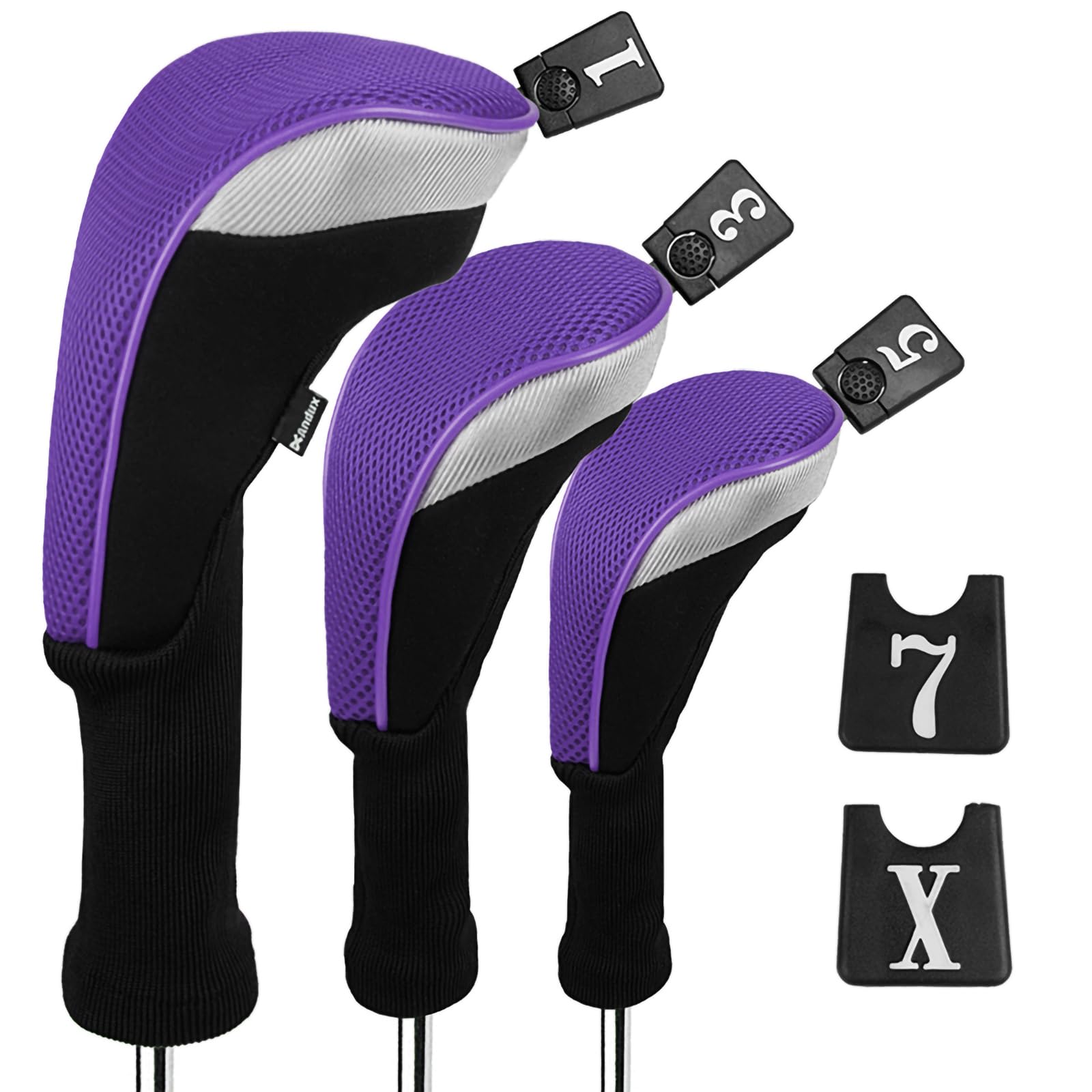 Andux 3pcs/Set Golf 460cc Driver Fairway Wood Club Head Covers Long Neck Black/Purple