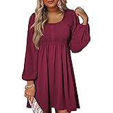 BLENCOT Womens Casual Dresses 2025 Long Sleeve Smocked Button Down Empire Waist A-Line Swing Mini Dress