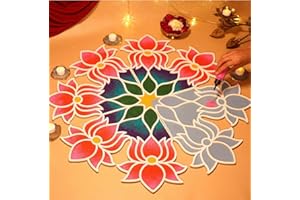 GENERIC Rangoli Making Tools kit (16 inches) Lotus Cutouts for Decorations Pooja Asana Mat Island Rangoli Stencil Template Home Temple Decor Floor Rangoli Colors (Included) Diwali Decorations Gifting