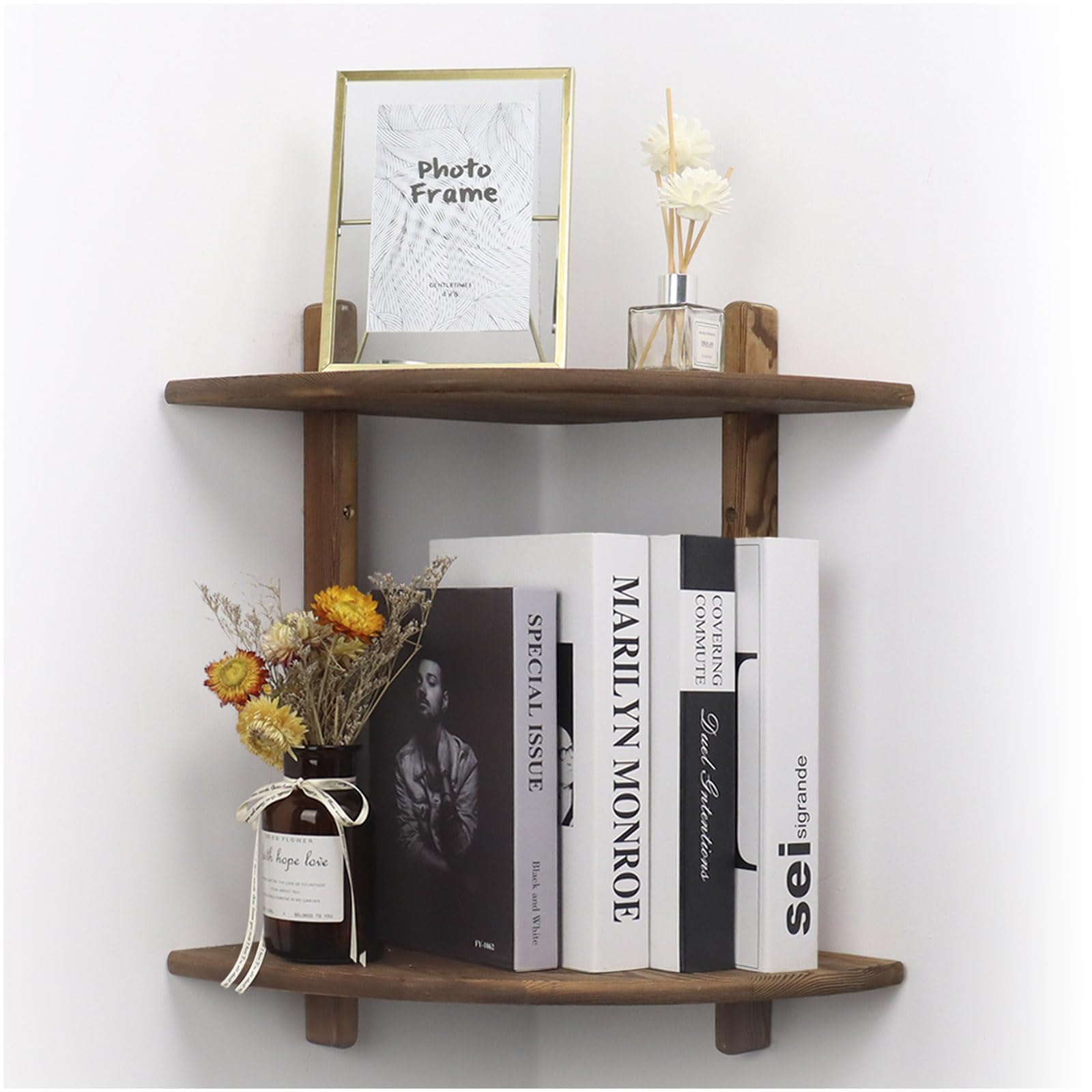 Photo 1 of Dezhier Floating Corner Shelf, Wood Bookshelf Floating Wall Mounted, Small Corner Shelves for Living Room Bedroom Kitchen