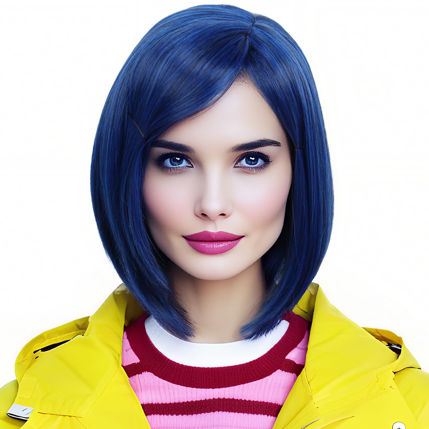 Linfairy Cosplay Dark Blue Bob Short Straight Synthetic Wig for Women Halloween Costume Party Cosplay Wig