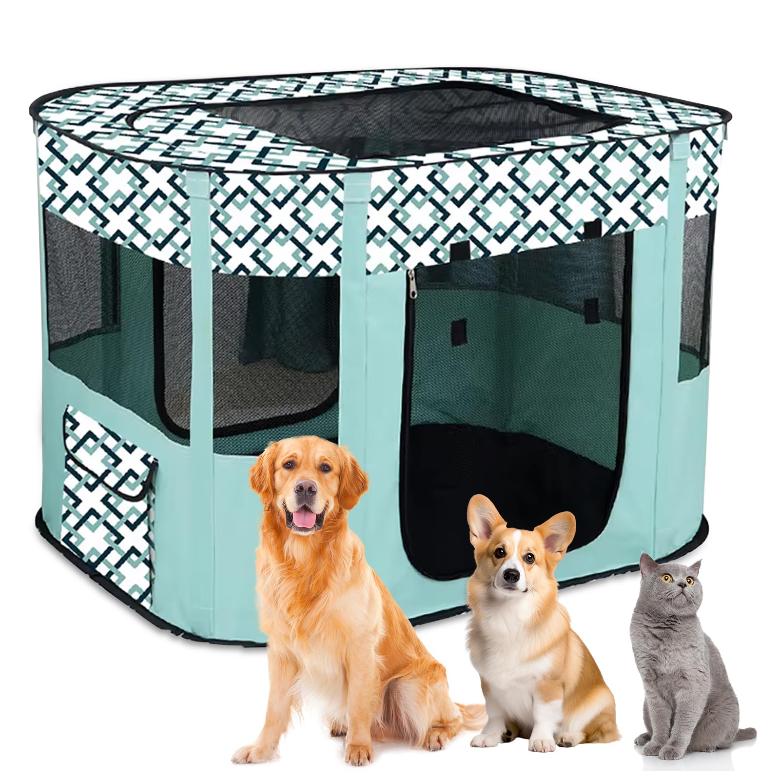 Foldable Dog Fences, Puppy Playpen, Animal Playpen, Portable Playpen for Puppies, Puppy Playpen for Indoors, Foldable Puppy Run for Kittens, Puppies, Rabbits, M (Checked Green)