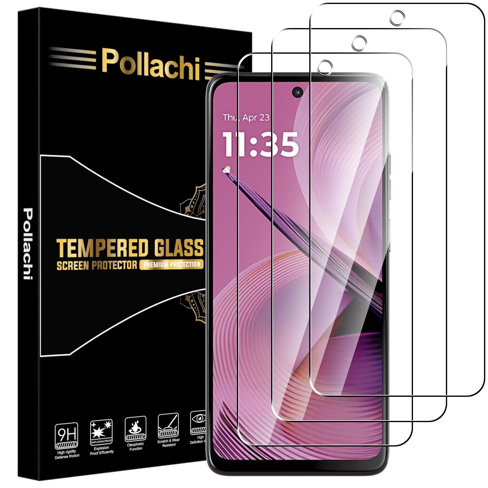 Pollachi for Motorola Moto G55 Screen Protector [3 Pack] Tempered Glass Film for Moto G55,Protective Film 9H Hardness,Shatterproof,Anti Fingerprints,No Bubbles