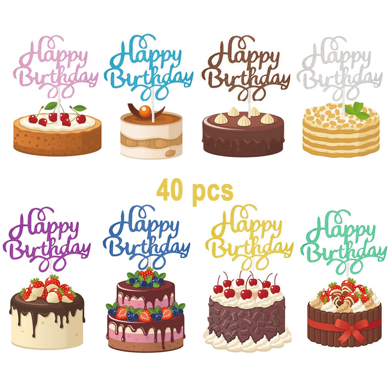 WADY 40 Pcs Happy Birthday Cake Topper, Cake Topper, Reusable Acrylic Cake Decoration | Fun Cake Sign for Birthdays | Easy to Use, No DIY Needed | Perfect for Kids, Girls, Boys & Adults
