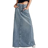 CHARTOU Women Vintage Denim Maxi Skirt Frayed Raw Hem High Waist A-Line Long Jean Skirt