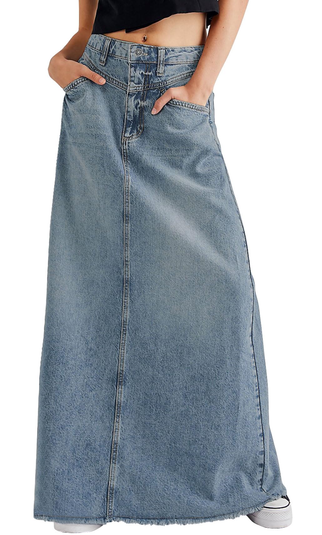 Photo 1 of CHARTOU Women Vintage Denim Maxi Skirt Frayed Raw Hem High Waist A-Line Long Jean Skirt (Medium, Light Blue)