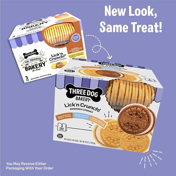 THREE DOG BAKERY LICK’N CRUNCH SANDWICH COOKIES PREMIUM DOG TREATS WITH NO ARTIFICIAL FLAVORS, CAROB/PEANUT BUTTER, GOLDEN/VANILLA, 39 OUNCES (PACK OF 1)