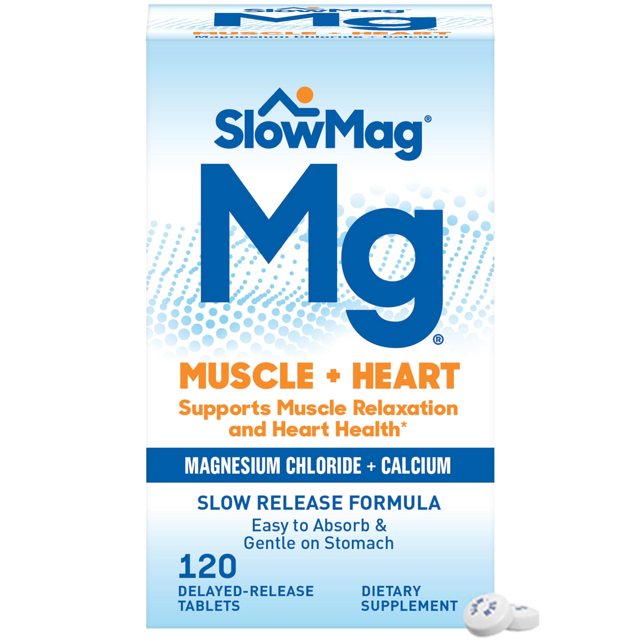 SlowMag Muscle + Heart Magnesium Chloride with Calcium Supplement to Support Muscle Relaxation, Occasional Muscle Cramping & Heart Health, High Absorption, 120 Count