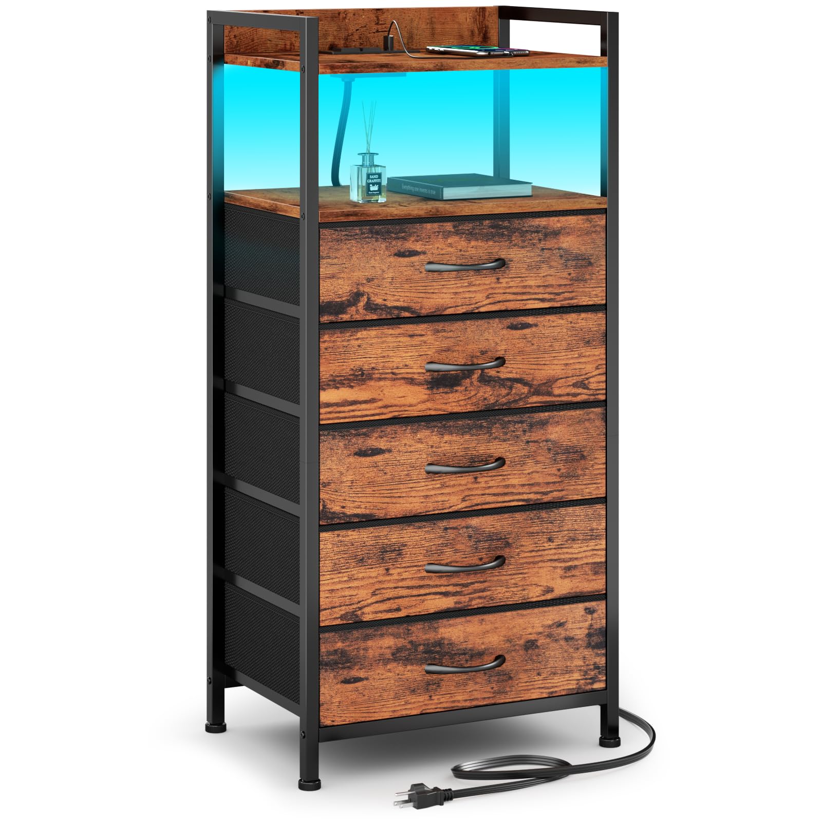 Photo 1 of Furnulem 5 Drawer Dresser for Bedroom, Tall Nightstand with Led Light and Charging Station, Small Night Stand Bedside Table, Fabric Bins, Metal Frame, Wood Shelf, Side Furniture(Rustic Brown)