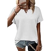 Bosmeer Waffle Knit Tops for Women V Neck Short Sleeve Casual Shirts Loose Summer Tunic Tops Blouses