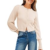 Saodimallsu Womens Cropped Cardigan Sweaters Crew Neck Button Down Long Puff Sleeve Loose Knit Fall Trendy Sweater Tops