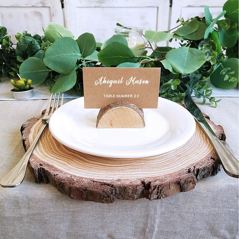 Supla 20 Pcs Rustic Wood Wedding Place Card Holders with 30 Pcs Kraft Tented Cards Half-Round Table Numbers Holder Stand Wooden Memo Holder Card Photo Picture Note Clip Holders Escort Card Holder: Home & Kitchen