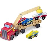 Melissa &amp; Doug Magnetic Car Loader Wooden Toy Set with 4 Toy Cars | 6 Pieces, Wooden Truck, Detachable Trailer, Magnetic Crane, 4 Numbered Cars, Vehicle Sorting Play, Preschool Toys, Ages 3+