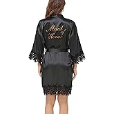 Crystal Dew Women's Lace Trim Bride Kimono Robes with Embroidery Bridal Silky Satin Bathrobe Wedding Party Sleepwear