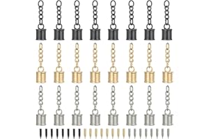 PATIKIL 24 Pcs Tassel Cord End Cap, Alloy Leather End Caps with Screw and Chain, Tassel Tips for Bag Keychain DIY Crafts Jewelry Making, Gold/Black/Silver