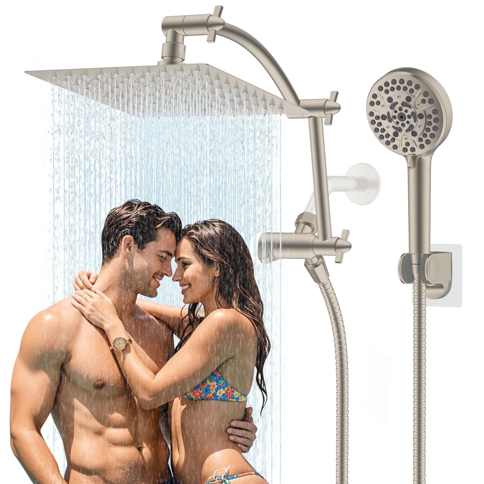 Photo 1 of Hibbent All Metal Shower Head, 8'' High Pressure Rain Shower Head/Handheld Showerhead Combo with 16'' Adjustable Arc-shaped Extension Arm, 10 Sprays, 71'' Hose, Showerhead Holder, Brushed Nickel