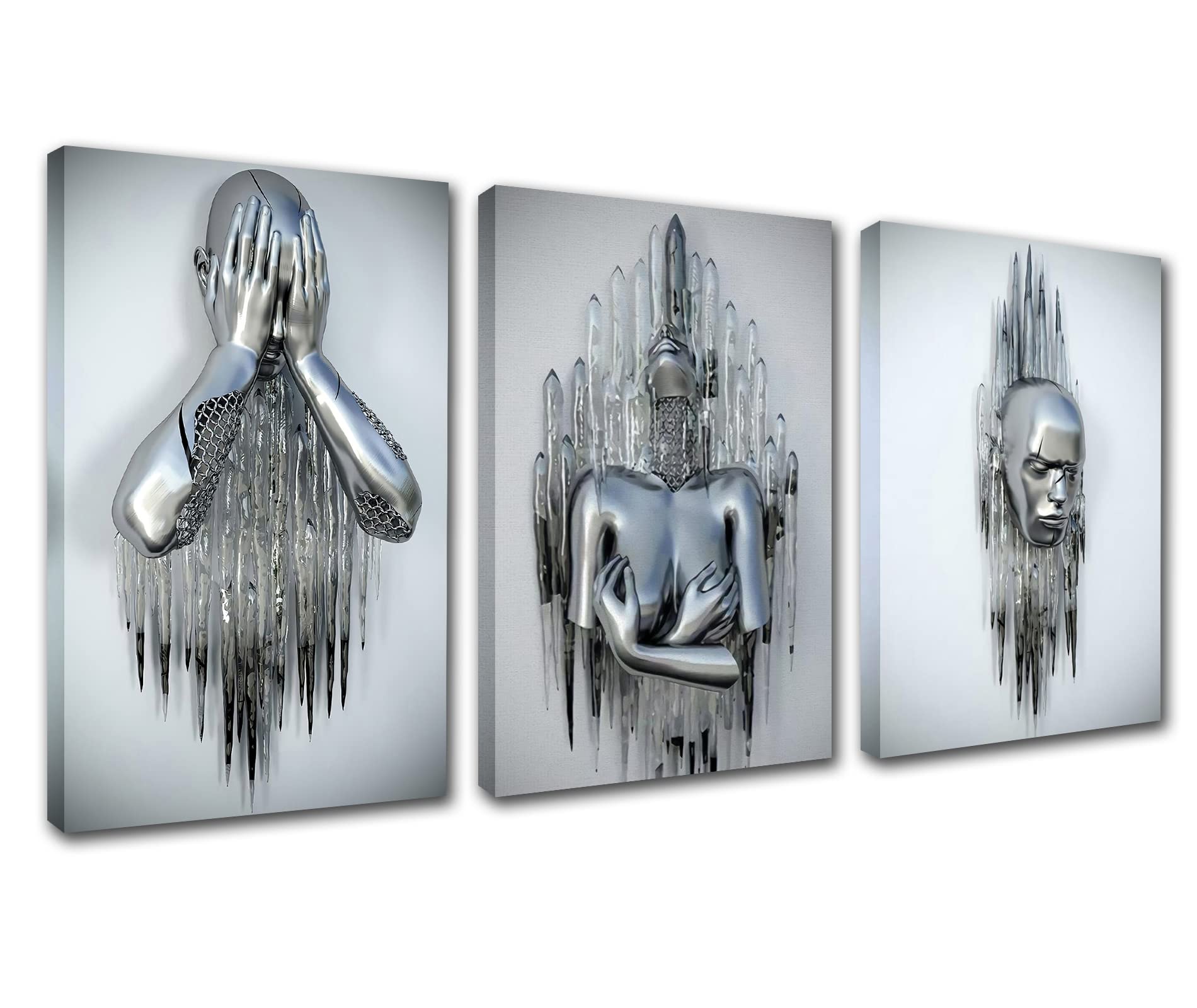 Modern Abstract Canvas Painting Silver Metal Figure Wall Art for Living Room 3 Piece Panel Canvas Black and White Wall Art Home Decor for Living Room Giclee Framed Stretched Ready to Hang 48''Wx24''H — image 1