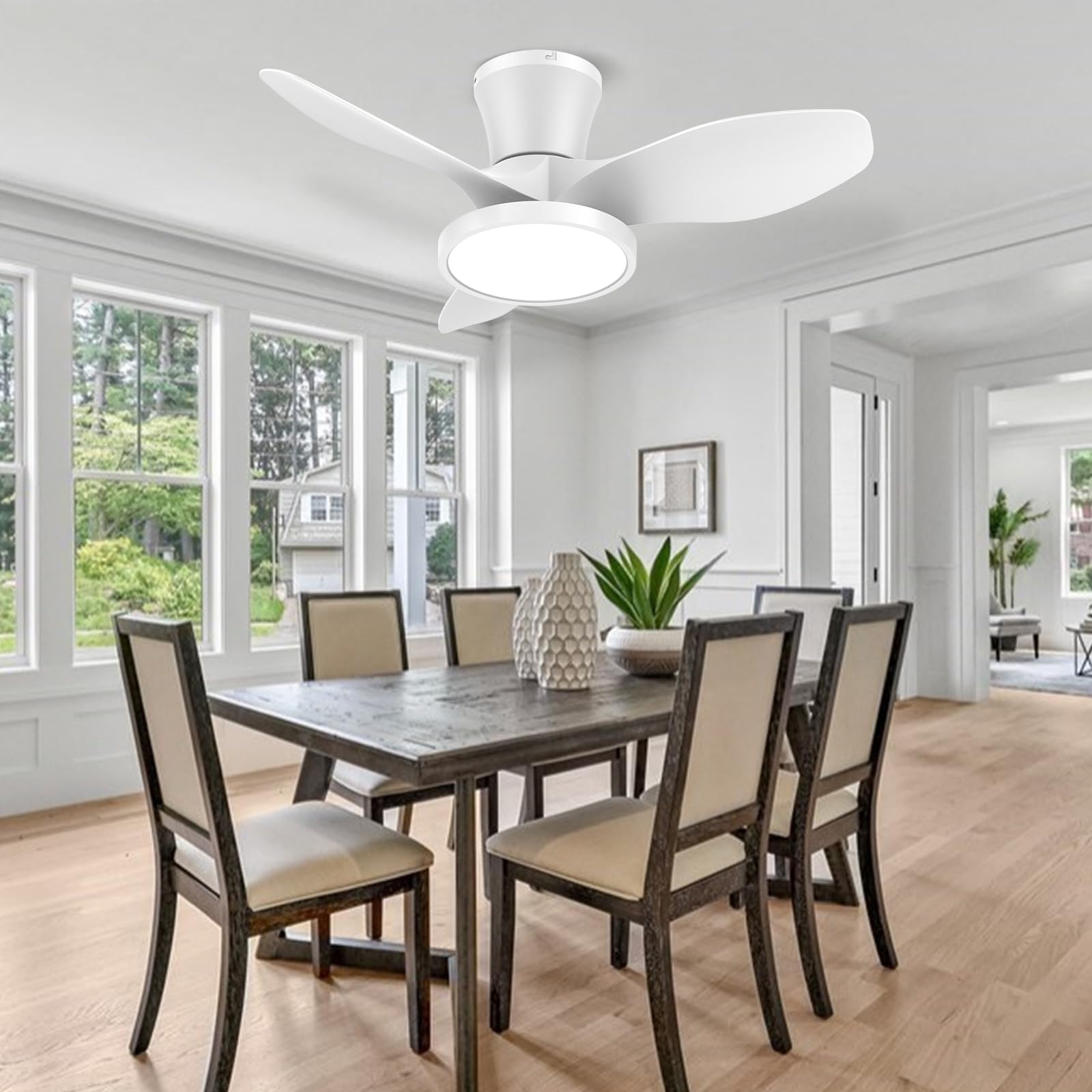 ocioc Quiet Ceiling Fan with LED Light DC motor 32 inch Large Air Volume Remote Control White for Kitchen Bedroom Dining room Patio