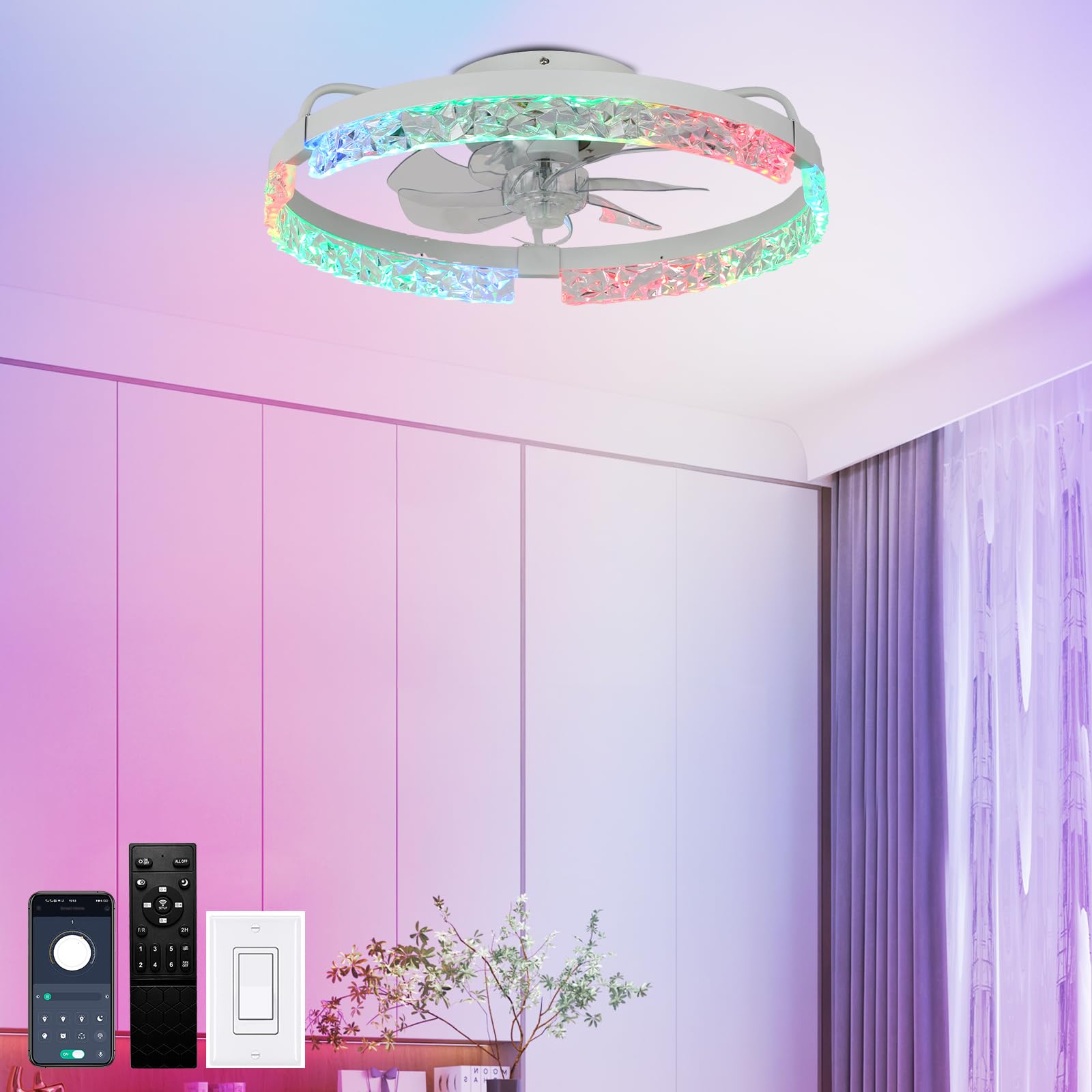 Photo 1 of Finktonglan 20" Crystal Flush Mount Ceiling Fan with Light, White, RGB & Tunable White, App/Remote, Reversible Quiet Motor, 6 Speeds, Low-Profile