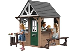 Seizeen Outdoor Play House for Kids, Fir Wooden Kids Playhouse Outdoor Indoor Cottage Toddler Playhouse with Kitchen, Dutch Door, Bench, Flowerpot Holders, Working Doorbell, Pet Hole, Clock