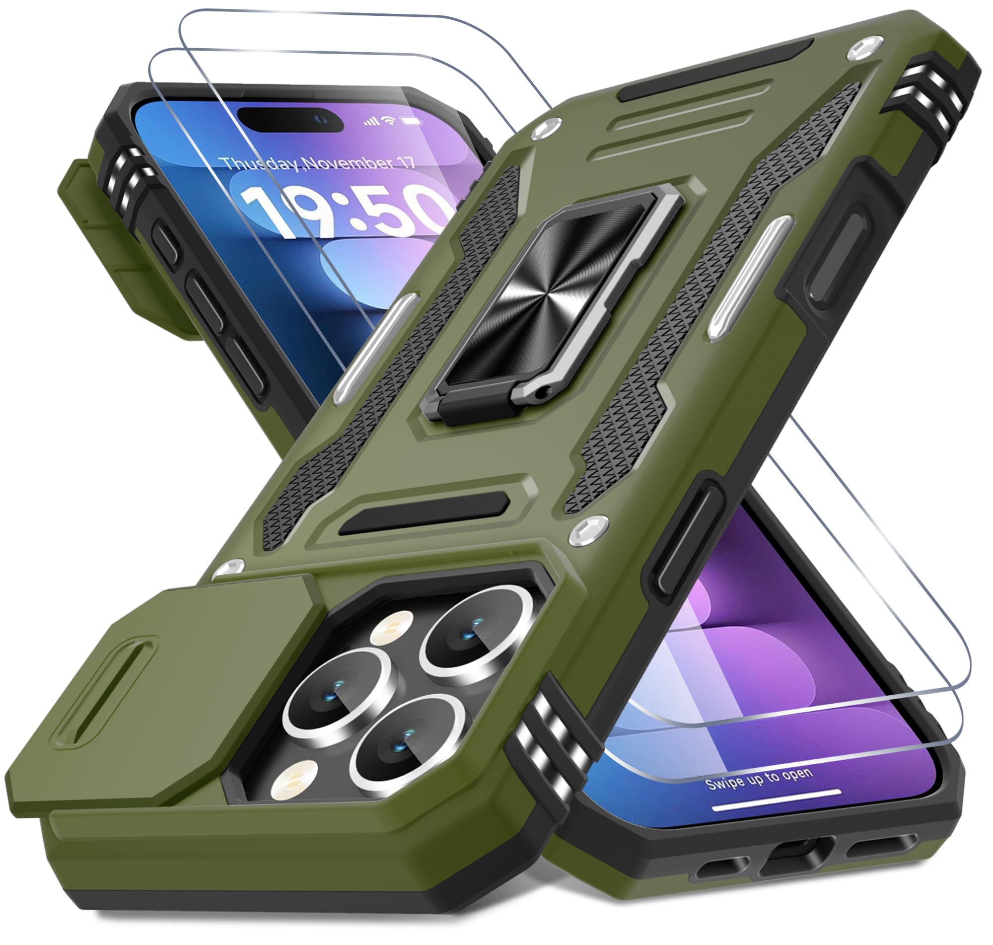 Photo 1 of DEERLAMN Case for iPhone 16 Pro with Slide Camera Cover+Screen Protector(2 Packs), Rotated Ring Kickstand Military Grade Shockproof Protective Cover-Olive Green
