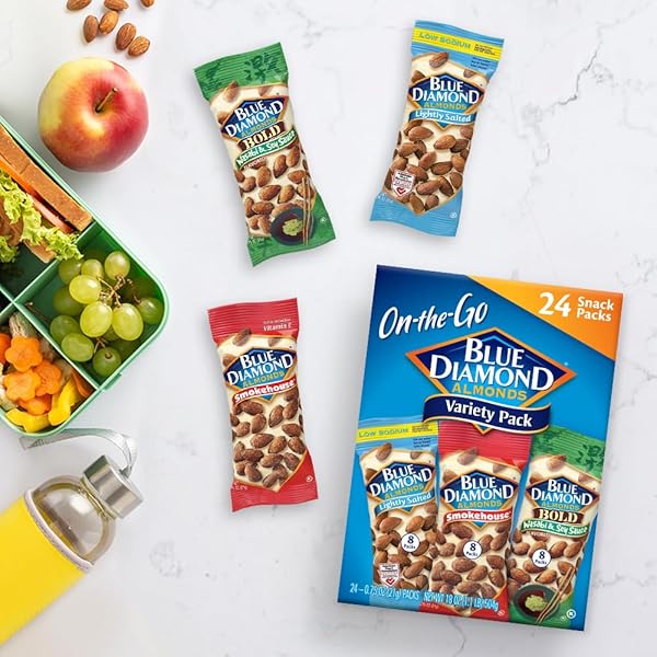 BLUE DIAMOND ALMONDS SNACK NUT VARIETY PACK FOR KIDS, OFFICE, SCHOOL, ON-THE-GO, 0.75 OZ GLUTEN FREE INDIVIDUAL PACKS, WASABI & SOY SAUCE, LIGHTLY SALTED, AND SMOKEHOUSE (PACK OF 1,24 COUNT TOTAL)