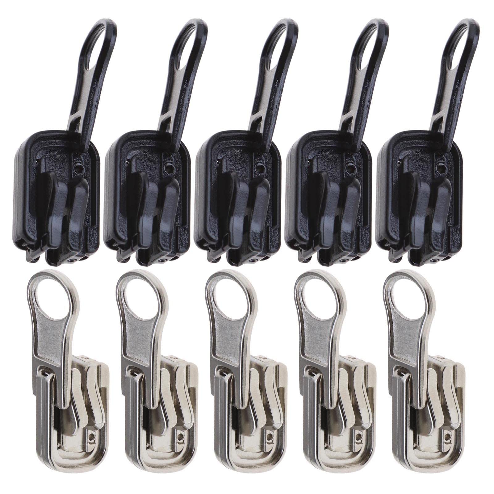 ECSiNG 10PCS #5 Zippers Replacement Reversible Pulls Sliders Zips with U-Shape Stop Kit for Outdoor Tents and Double-Sided Clothes (5PCS Black and 5PCS Silver)