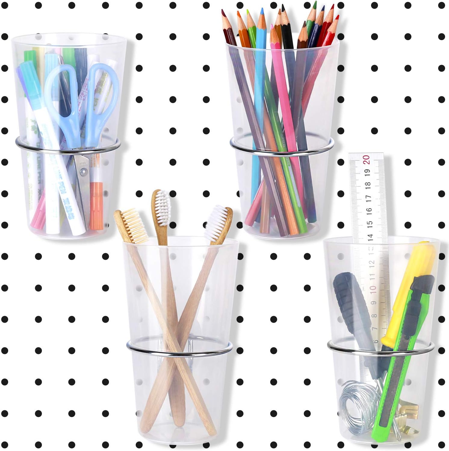 4 Sets Pegboard Bins with Rings, Jatiler Pegboard Cups with Hooks