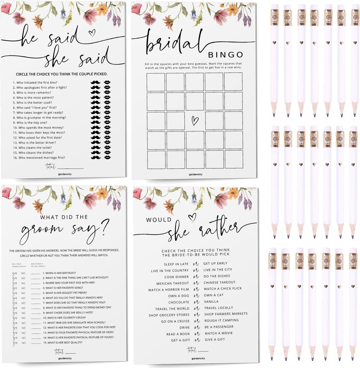 Paper Clever Bridal Shower Games Bundle - 4-in-1 Word Scramble, Guess The Cake, Would She Rather, Movie Trivia (25 Pack)