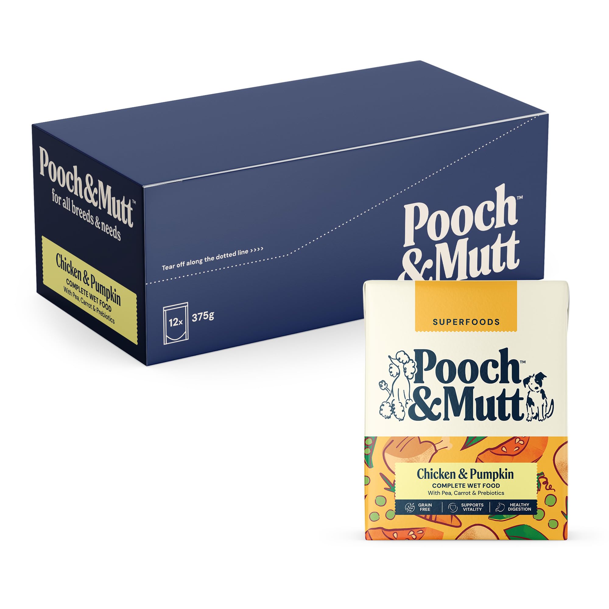 Pooch & Mutt - Chicken & Pumpkin, Complete Wet Dog Food Grain Free, Dry Dog Food Topper, 12x375g (packaging may vary)