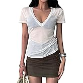 Elbucutess Women's Summer V-Neck T-Shirts Short Sleeve Sheer Basic Tops Tee White